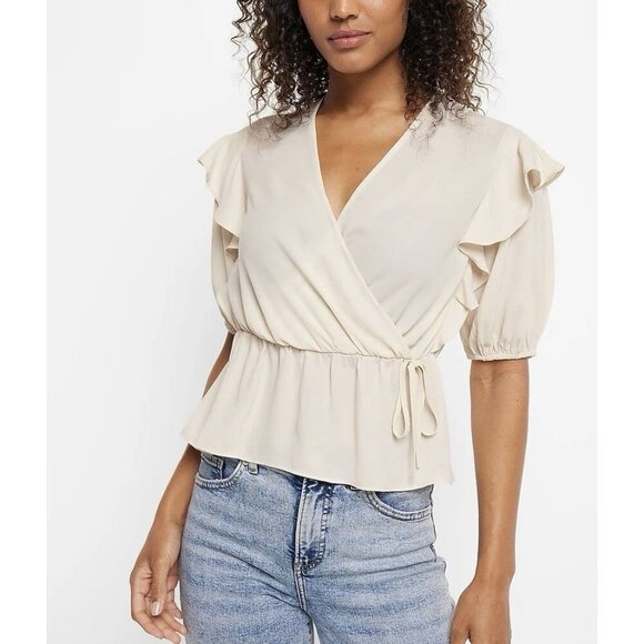 Express Women's Faux Wrap Puff Sleeve Peplum Top Sandshell Size XS - NWT $54 - Picture 1 of 16